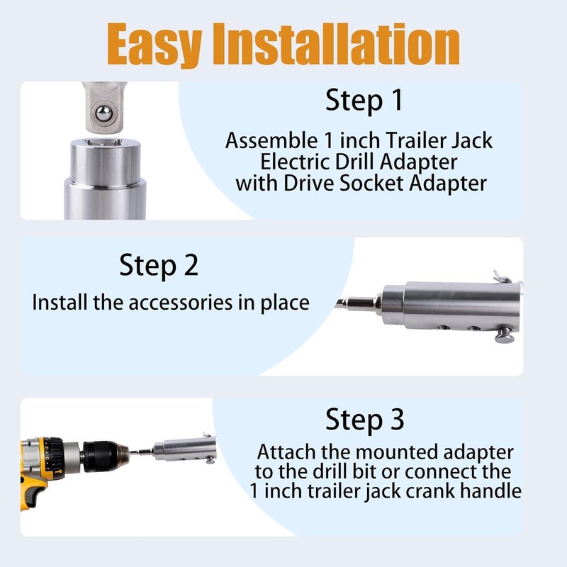 Moalaok Trailer Jack Drill Adapter Compatible with 1 Inch Jack Drive Shaft Stainless Steel Handle Cordless Drill Adapter with Socket Bit Attachment for Top Wind Trailer Crank - Image 5