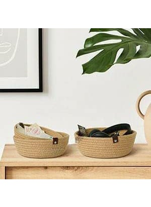 Generic - JMK Textile Boho Home Decor Small Box Rope Storage Book Shelf Jute Planter Basket Toy Gift Hamper Baby Tray Bucket Organizer for Living Room Kitchen washroom set of 3 - Image 1
