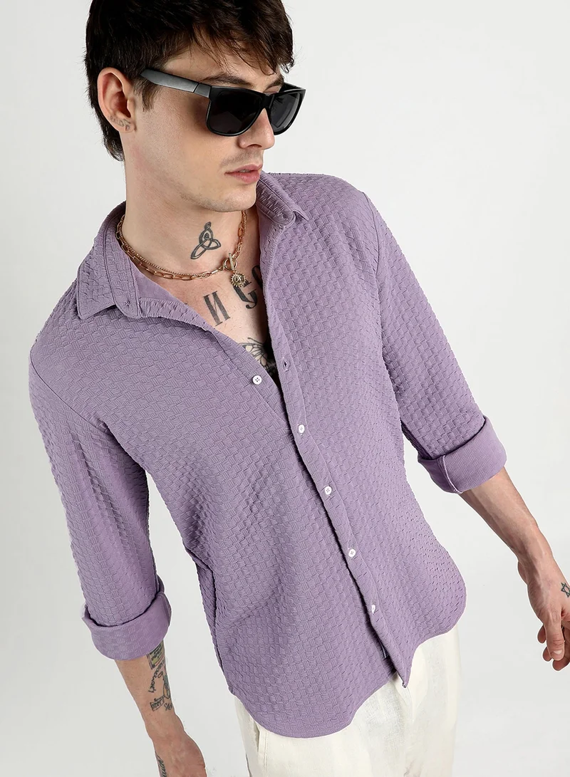 Campus Sutra Men's Lilac Ripple Box Shirt For Casual Wear | Spread Collar | Long Sleeve | Button Closure | Shirt Crafted With Comfort Fit For Everyday Wear