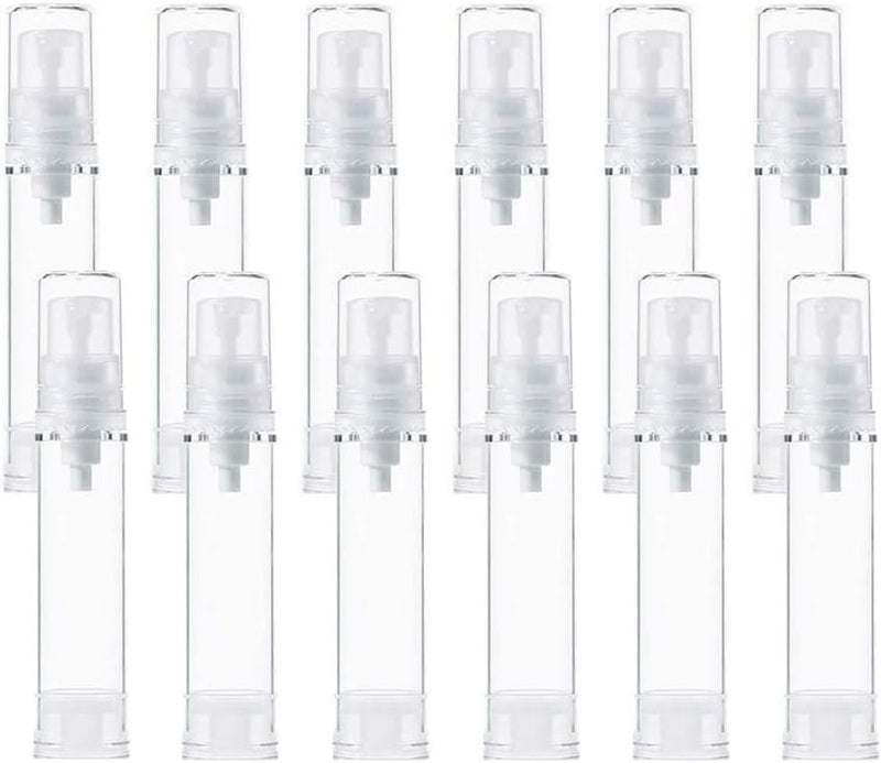 VANTOBEST 12Pcs Transparent Airless Pump Press Bottle Portable Plastic Vacuum Bottle Empty Refillable Sample Travel Container Jars Vials Pots Makeup Holder for Lotion Essence Emulsion Foundation (10ml/0.34oz) 