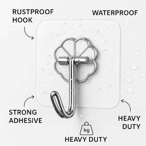 Fuelbyte Wall Hooks for Photo Frames - Adhesive Wall Hooks Heavy Duty, No Drill Hooks for Hanging Strong 5KG - Stick On Hooks for Wall Hangers for Room, Stainless Steel, Transparent (Flower Hook, 30) - Image 2
