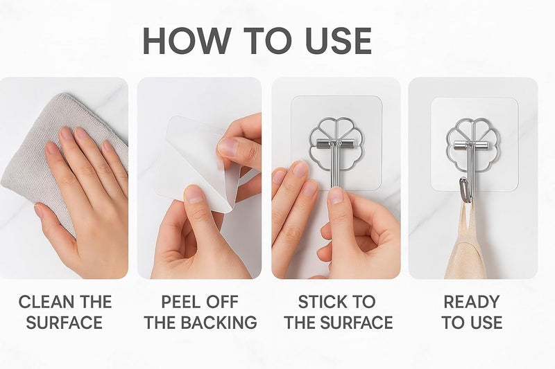 Fuelbyte Wall Hooks for Photo Frames - Adhesive Wall Hooks Heavy Duty, No Drill Hooks for Hanging Strong 5KG - Stick On Hooks for Wall Hangers for Room, Stainless Steel, Transparent (Flower Hook, 30) - Image 4