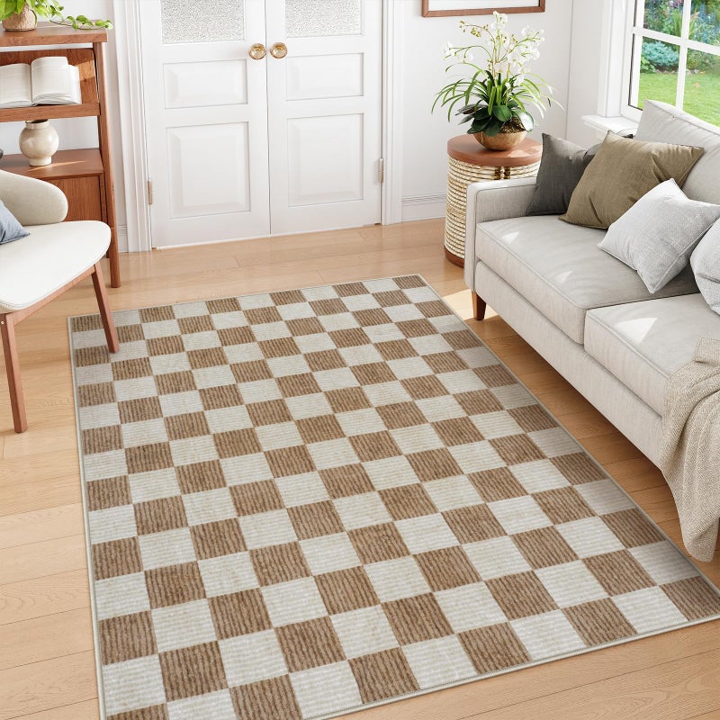Machine Washable 5x7 Area Rugs for Living Room Checkered Non Slip Soft Low Pile Farmhouse Geometric Modern Neutral Playroom Boys Rugs for Bedroom Large Carpet Rugs for Dining RoomBrown5x7