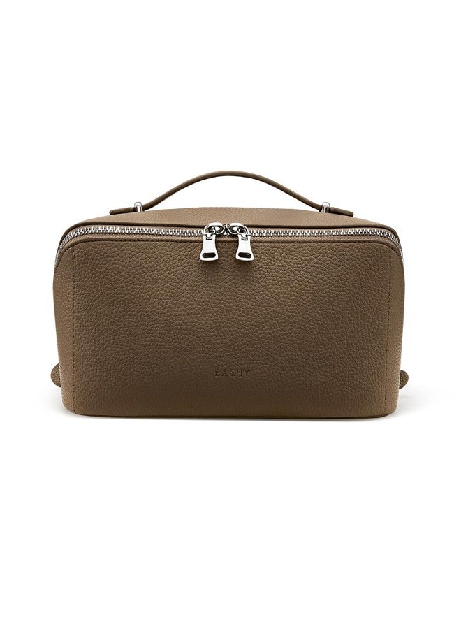 EACHY Makeup Bag,Large Capacity Travel Makeup Bag,Waterproof Portable Open Flat Toiletry Bag Cosmetic Bag with Divider and Handle, Khaki, Medium - Image 1