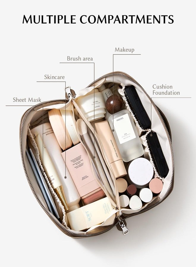 EACHY Makeup Bag,Large Capacity Travel Makeup Bag,Waterproof Portable Open Flat Toiletry Bag Cosmetic Bag with Divider and Handle, Khaki, Medium - Image 3