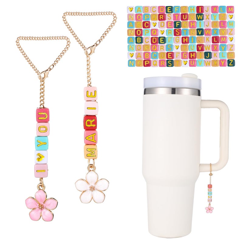 Horsdo DIY Stanley Cup Letter Charm Set 2 pcs Chains and 200pcs Letter Beads Name ID Personalized Handle Charm for Stanley Tumbler Flowers