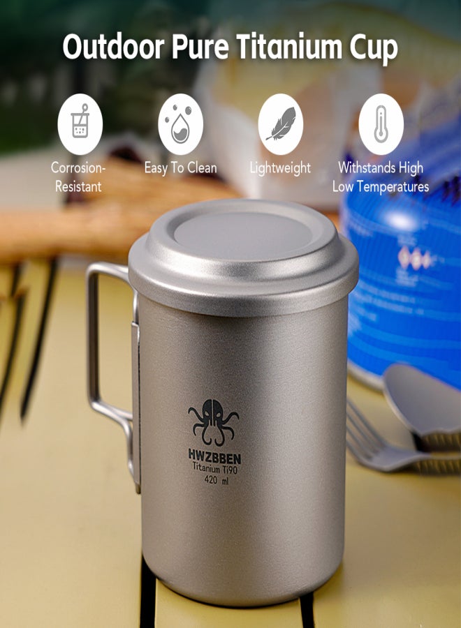 HWZBBEN Titanium Tea Cup with Folding Handle Outdoor Camping Tea Maker Mug with Tea Strainer 420ml - Image 2