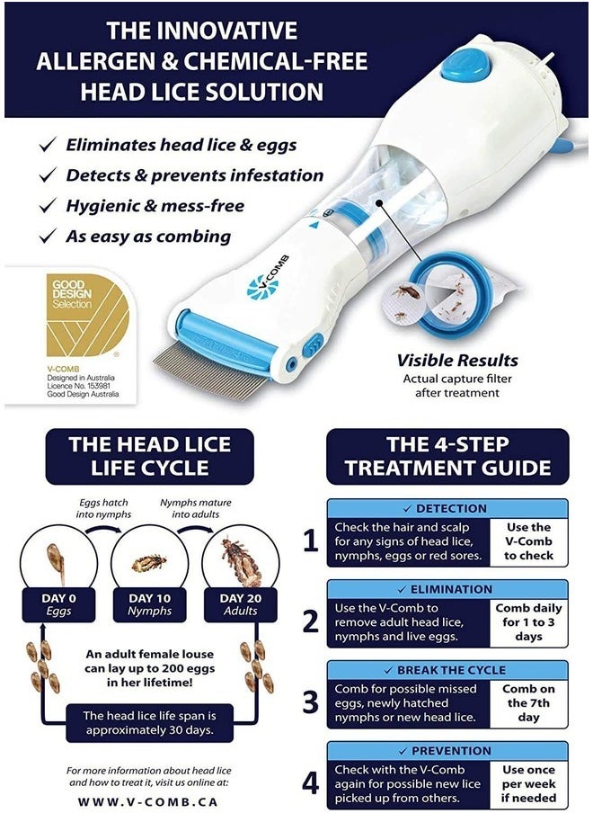 Licetec V-Comb - Electric Head Lice Vacuum Comb, Electric Comb Lice Removal, Head Lice Treatment, Electric Head Lice Comb, Hair Cleaner Is Easy To Use And Suitable For Children - Image 1