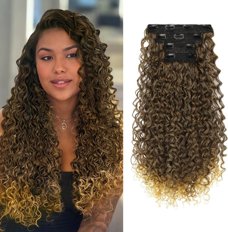 Flufymooz Clip in Hair Extensions, 4PC 100％ Pure Protein Silk Hair Extensions Long Soft Natural Hairpiece 20 Inch Curly Hair Extension for Women-Brown Mix Dirty Blonde - Image 1