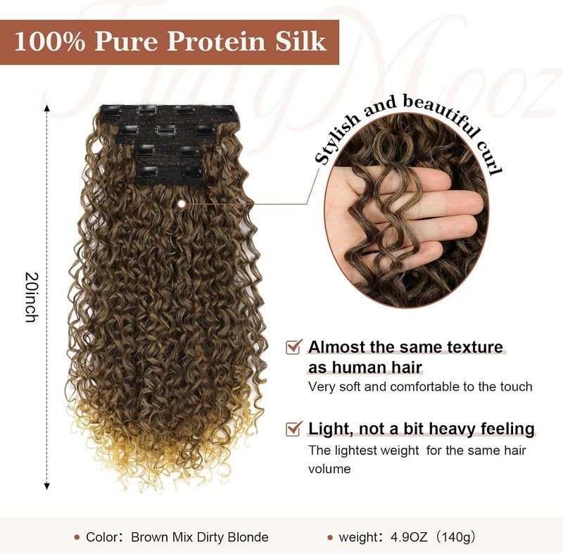 Flufymooz Clip in Hair Extensions, 4PC 100％ Pure Protein Silk Hair Extensions Long Soft Natural Hairpiece 20 Inch Curly Hair Extension for Women-Brown Mix Dirty Blonde - Image 2