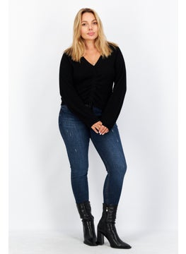 Aqua Women V-Neck Long Sleeves Plain Cut Out Top, Black  - Image 3