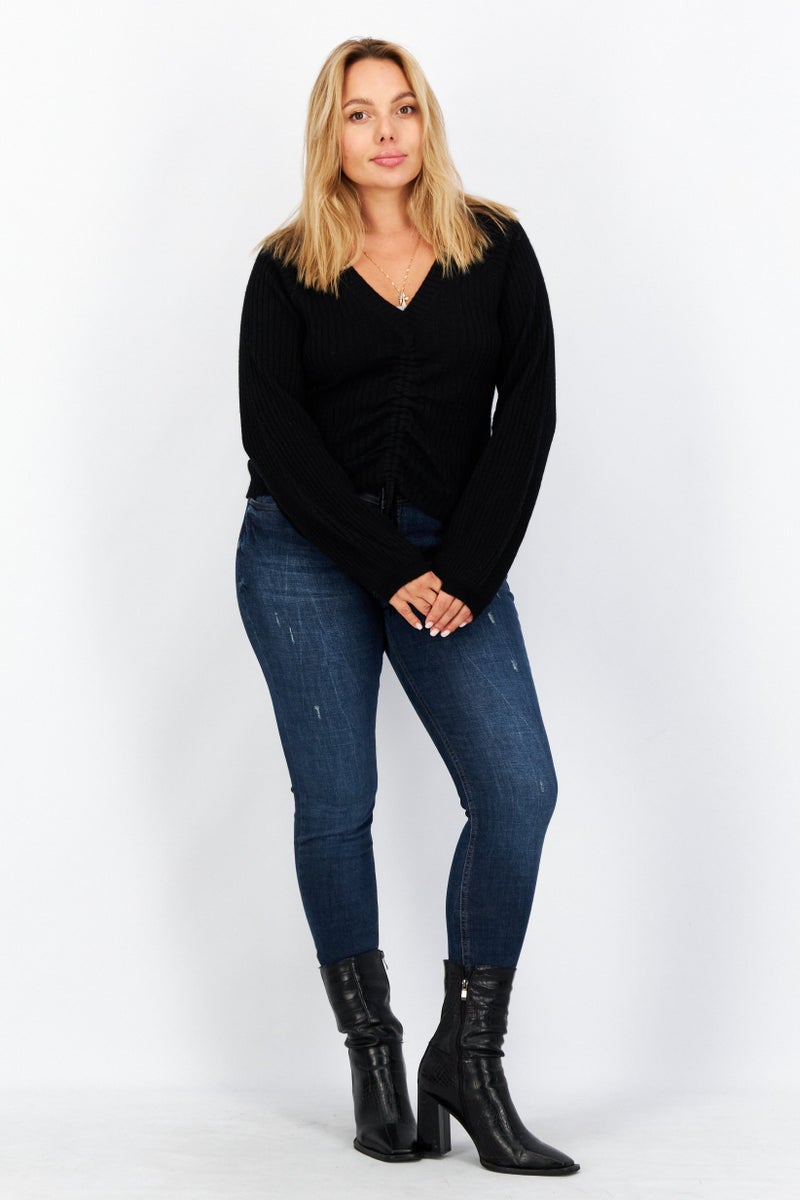 Aqua Women V-Neck Long Sleeves Plain Cut Out Top, Black - Image 3