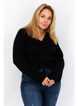 Aqua Women V-Neck Long Sleeves Plain Cut Out Top, Black  - Image 1