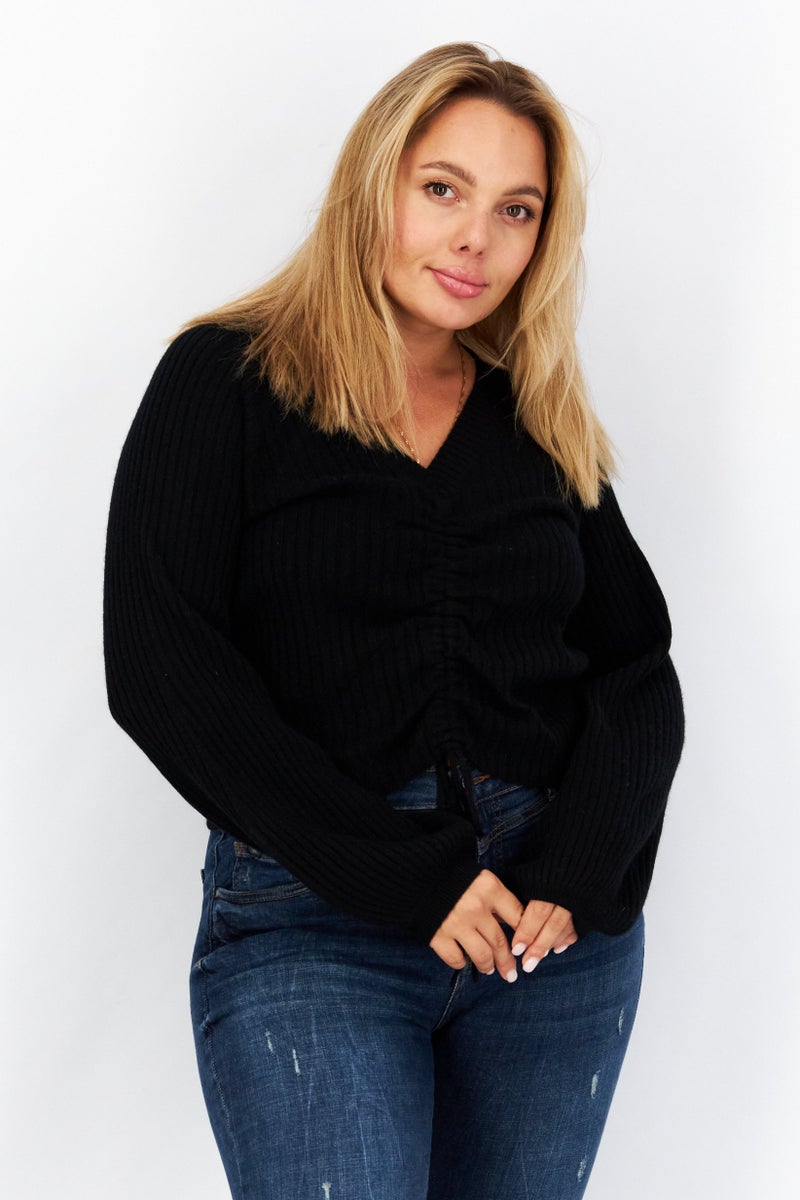 Aqua Women V-Neck Long Sleeves Plain Cut Out Top, Black - Image 1