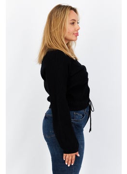 Aqua Women V-Neck Long Sleeves Plain Cut Out Top, Black  - Image 2