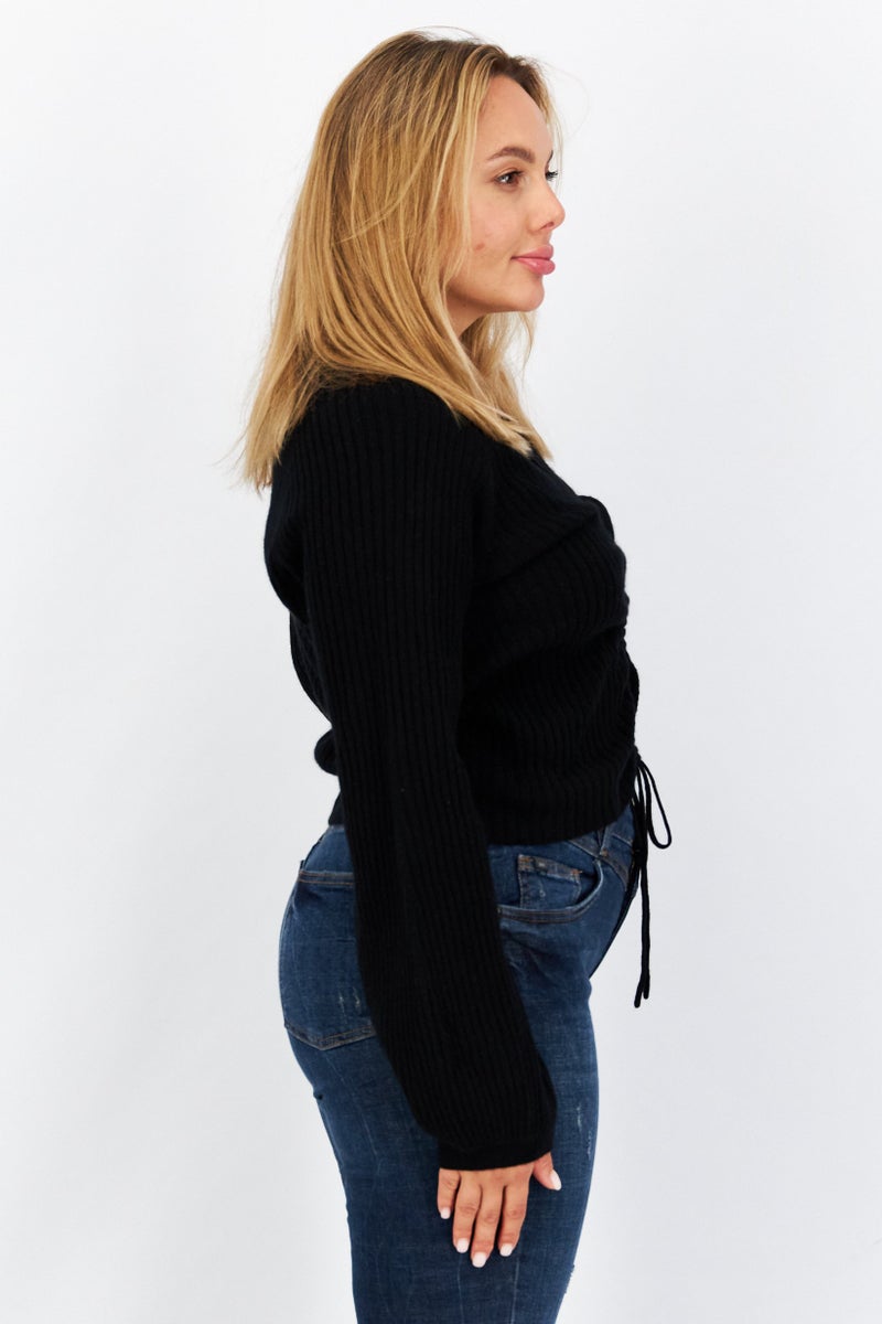 Aqua Women V-Neck Long Sleeves Plain Cut Out Top, Black - Image 2