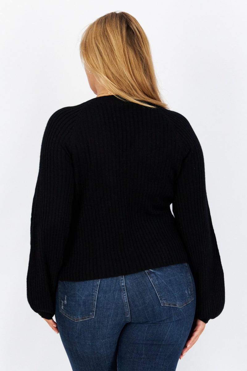 Aqua Women V-Neck Long Sleeves Plain Cut Out Top, Black - Image 4