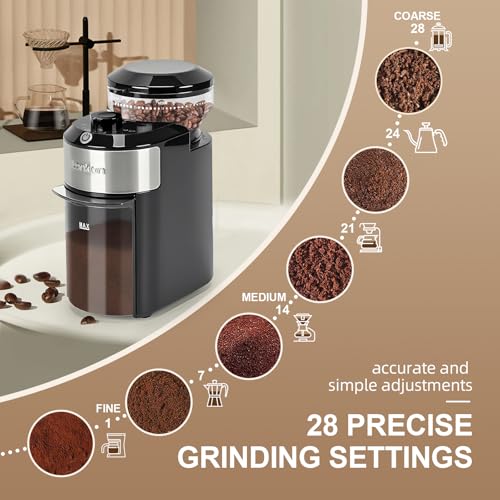 Lonkion Burr Coffee Grinder - Electric Coffee Bean Grinder with 28 Adjustable Grind Settings For 2-12 Cups - Adjustable Coffee Grinders for Home Use - Easy to Use - Stainless Steel - Image 2