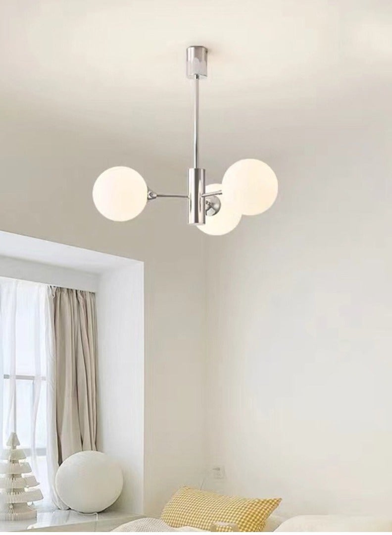 Beautiful, Simple, and Modern Metal Ceiling Chandelier Made of 3 Frosted Glass Crystals.