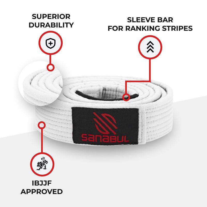 سنابول حزام BJJ للرجال والنساء | حزام جيو جيتسو البرازيلي مع شريط الأكمام المخطط للتصنيف | أطفال جيو جيتسو جي | معتمد من IBJJF (أبيض، A2) - Image 5