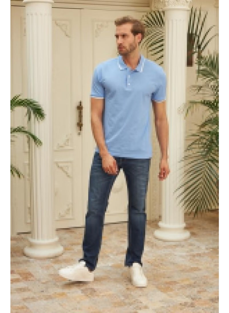 Odelon Men's Slim Fit Plain Polo Neck T-Shirt Blue - Image 4