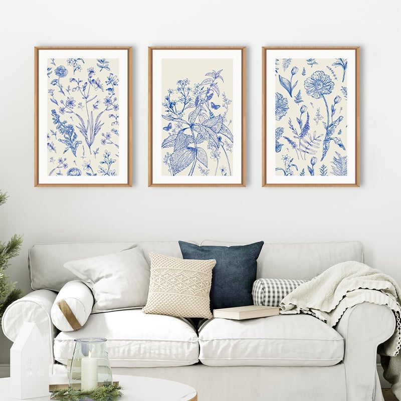 KAIRNE Blue and White Floral Wall Art Set of 3, Chinoiserie Framed Canvas Art Prints, Navy Watercolor Botanical Flower Painting, Wildflower Decor for Living Room, Bedroom, Bathroom, Home - 16x24 Inch - Image 2