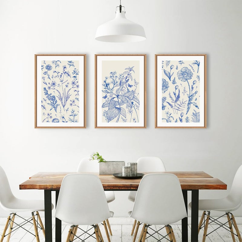 KAIRNE Blue and White Floral Wall Art Set of 3, Chinoiserie Framed Canvas Art Prints, Navy Watercolor Botanical Flower Painting, Wildflower Decor for Living Room, Bedroom, Bathroom, Home - 16x24 Inch - Image 3