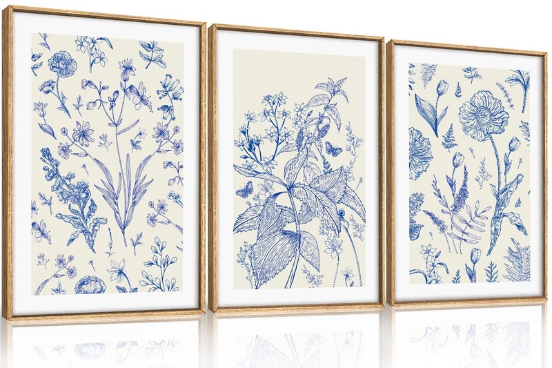 KAIRNE Blue and White Floral Wall Art Set of 3, Chinoiserie Framed Canvas Art Prints, Navy Watercolor Botanical Flower Painting, Wildflower Decor for Living Room, Bedroom, Bathroom, Home - 16x24 Inch - Image 1