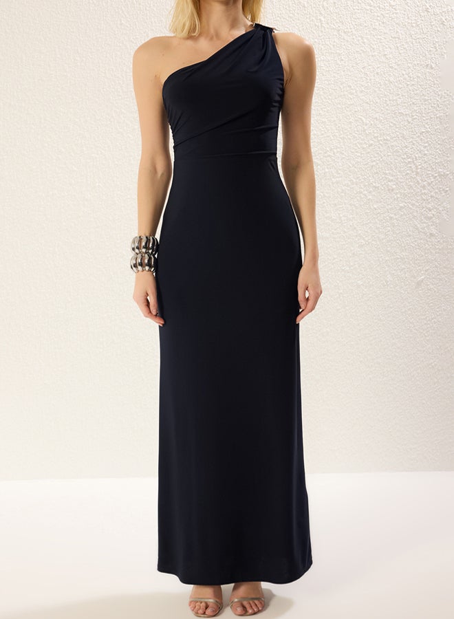 trendyol Dark Navy Accessory Science One Shoulder Mesh Maxi Chic Evening Dress Night Mezuiyet - Image 3