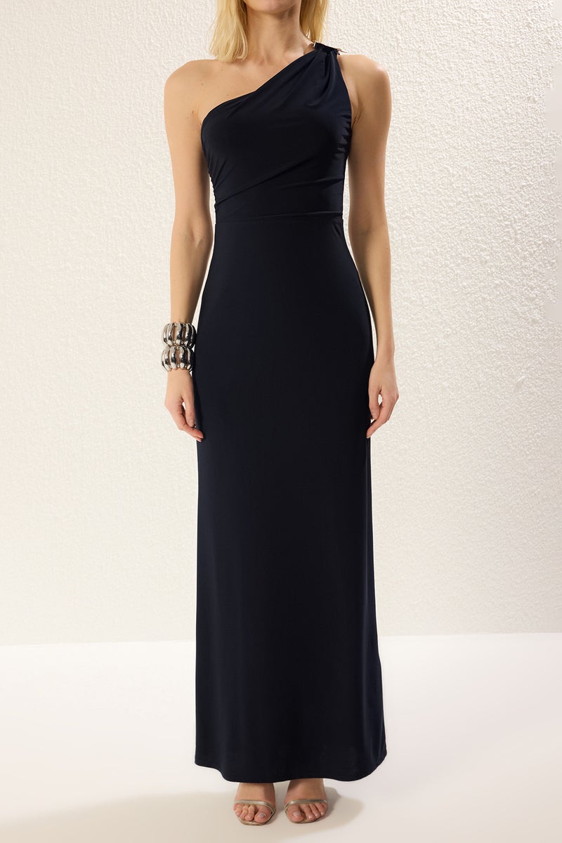 trendyol Dark Navy Accessory Science One Shoulder Mesh Maxi Chic Evening Dress Night Mezuiyet - Image 3