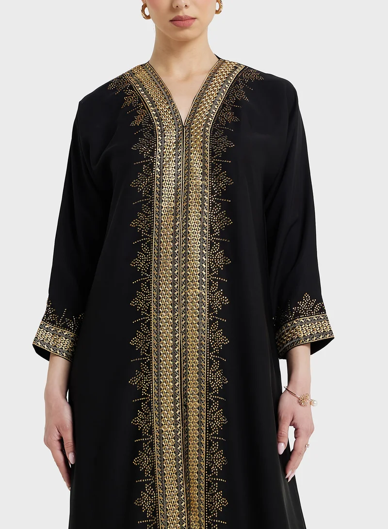 ARABIAN CLOSET Embroidered Open Abaya Wih Belt