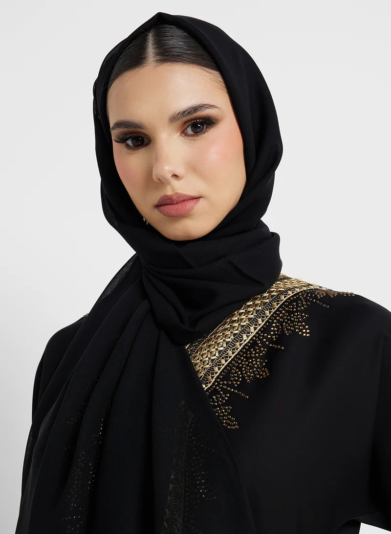 ARABIAN CLOSET Embroidered Open Abaya Wih Belt