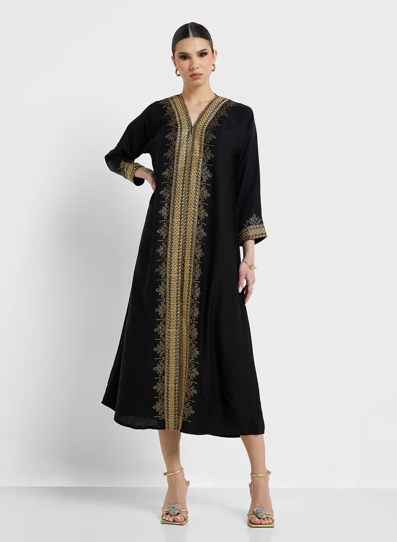 ARABIAN CLOSET Embroidered Open Abaya Wih Belt
