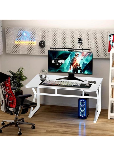 Ergonomic Large Gaming Desk, Computer Desk, K-Shaped Gaming Table, PC Gaming Workstation Home Office Desks, Space-saving, Easy to Assemble White 120x60x74cm（chair not included）