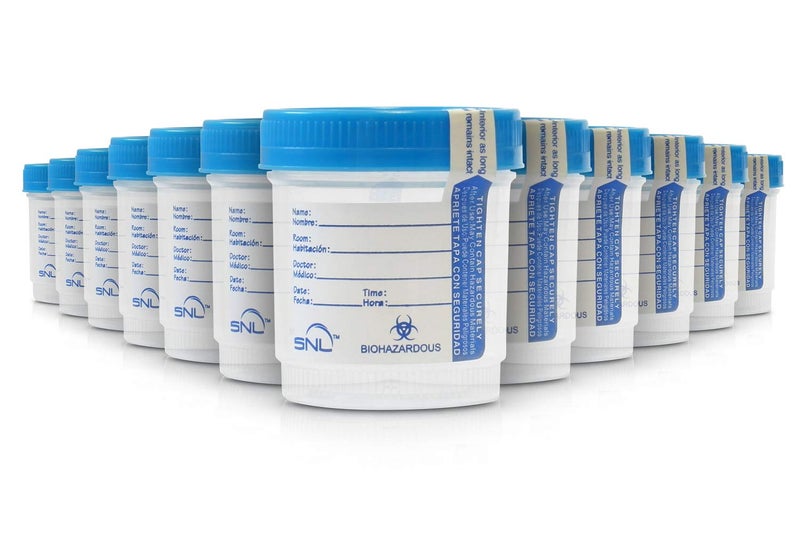 SNL Quality Sterile Specimen Cups, Screw-on Cap with Tamper Evident Seal, 3oz., Blue Cover - Pack of 12