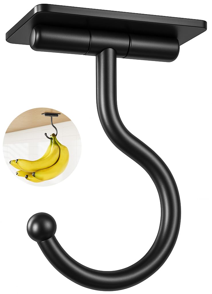 Josmimic Under Cabinet Banana Hook Adhesive - Sticky Banana Hanger Under Counter, Sturdy Metal Banana Holder for Hanging Bananas or Kitchen Utensil, Banana Saver, Keeps Bananas Fresh, Black - Image 1