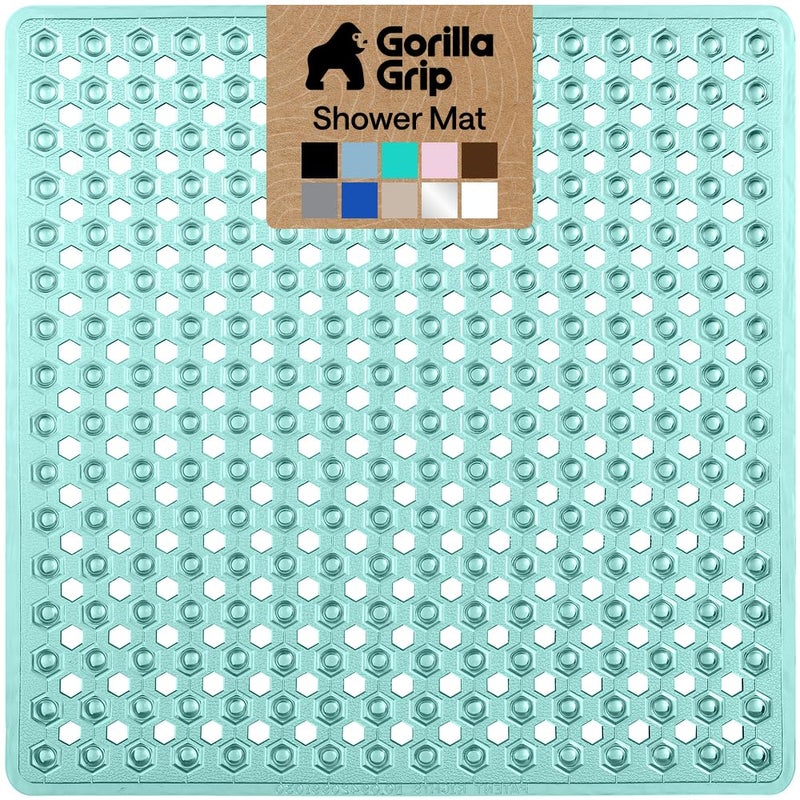 GORILLA GRIP Patented Square Shower Stall Mat, Small Bathtub Floor Mats for Stand Up Showers with Suction Cups and Drainage Holes, Machine Wash, Soft on Feet, Bathroom Accessories 21x21 Inch, Green - Image 1