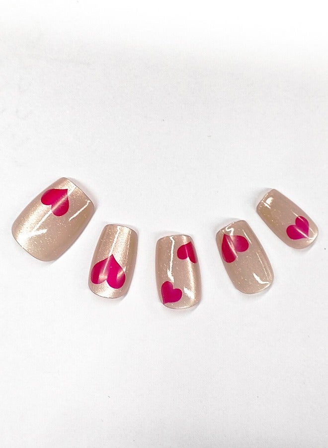 NIBEMINENT 24 قطعة أظافر صناعية، أظافر صناعية في علبة، أظافر صناعية قصيرة ومسطحة على شكل رأس قطة بلون بشرة صلبة لامعة، رقعة أظافر صناعية على شكل قلب وردي أحمر - Image 2