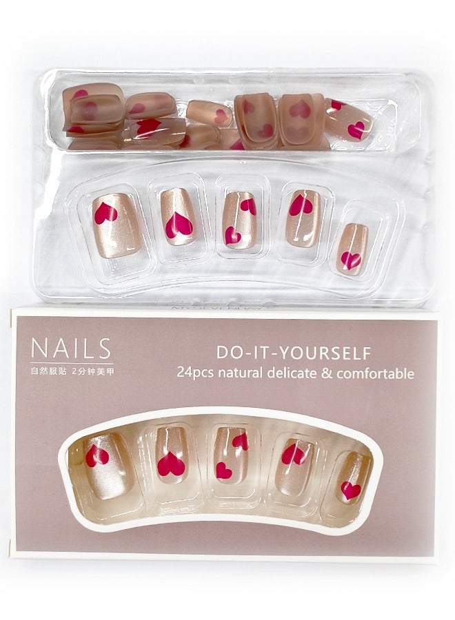 NIBEMINENT 24 قطعة أظافر صناعية، أظافر صناعية في علبة، أظافر صناعية قصيرة ومسطحة على شكل رأس قطة بلون بشرة صلبة لامعة، رقعة أظافر صناعية على شكل قلب وردي أحمر - Image 3