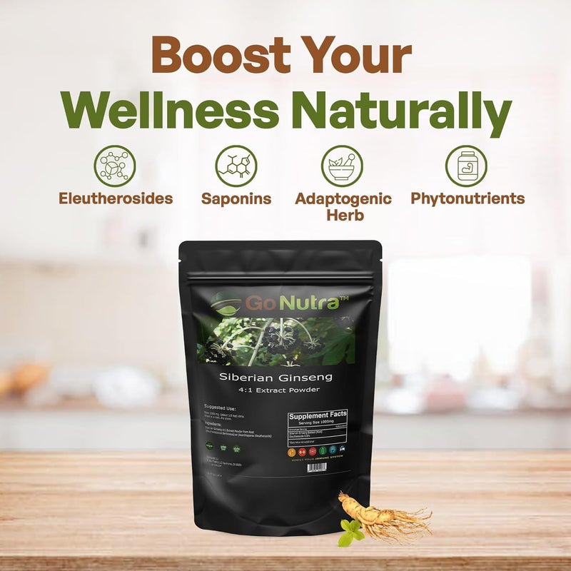 Go Nutra Siberian Ginseng Powder 4:1 Extract 4X Times Stronger Eleuthero Root Extract Non-GMO 4oz - Image 2