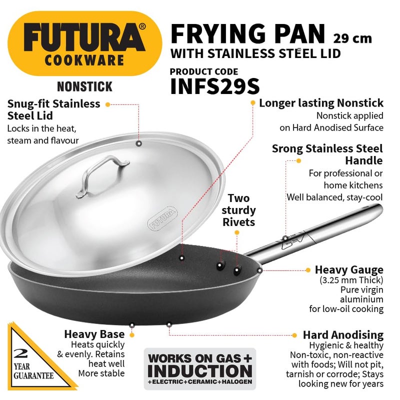 Hawkins Futura 30 cm Frying Pan, Non Stick Fry Pan with Stainless Steel Handle and Stainless Steel Lid, Induction Frying Pan, Big Frying Pan, Black (INFS30S) - Image 2