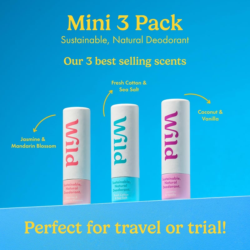 Wild - Pack of 3 Mini Deodorants - Aluminum Free - Long Lasting Protection - Great for Vacation & Travel - Plastic Free - Vegan - Trial Size - Image 2