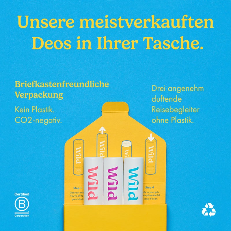 Wild - Pack of 3 Mini Deodorants - Aluminum Free - Long Lasting Protection - Great for Vacation & Travel - Plastic Free - Vegan - Trial Size - Image 5