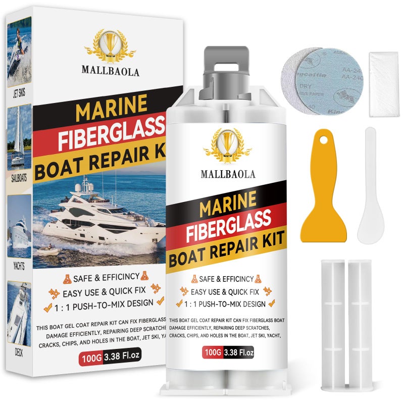 Mallbaola Marine Fiberglass Repair Kit for Boats, Gel Coat Repair Kit for Boats, Epoxy Filler for Fiberglass Boats Fix Holes, Chips and Deep Cracks, Gelcoat repair kit for Fiberglass, Acrylic, Porcelain(White) - Image 1