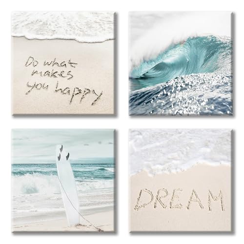 UTOP-art Beach Artwork Coastal Wall Art: Crashing Wave & Surfboard Painting with Words on Sand Picture Prints on Canvas for Bedroom (12” x 12” x 4 Panels) - Image 1