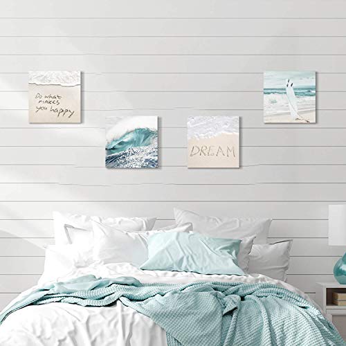 UTOP-art Beach Artwork Coastal Wall Art: Crashing Wave & Surfboard Painting with Words on Sand Picture Prints on Canvas for Bedroom (12” x 12” x 4 Panels) - Image 2