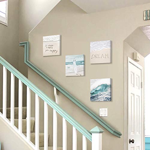 UTOP-art Beach Artwork Coastal Wall Art: Crashing Wave & Surfboard Painting with Words on Sand Picture Prints on Canvas for Bedroom (12” x 12” x 4 Panels) - Image 4