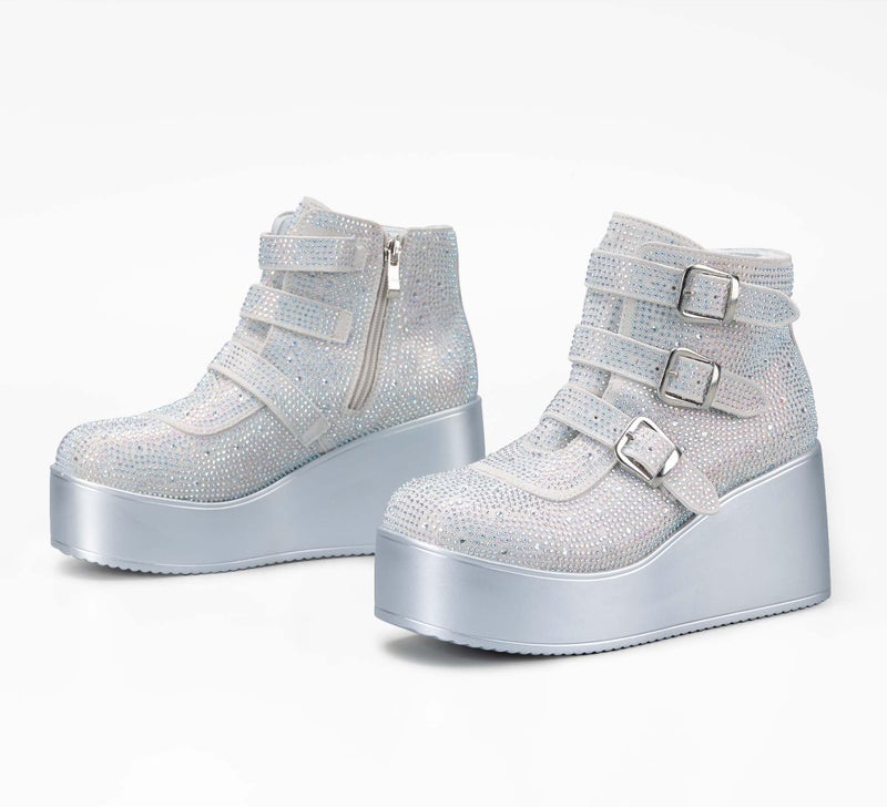LUCKY STEP Women Platform Chunky Ankle Boots - Round Toe Zipper Wedges High Heels Rave Buckle Thick Sole Goth Booties (Silver Rhinestone,7 B(M) US) - Image 2