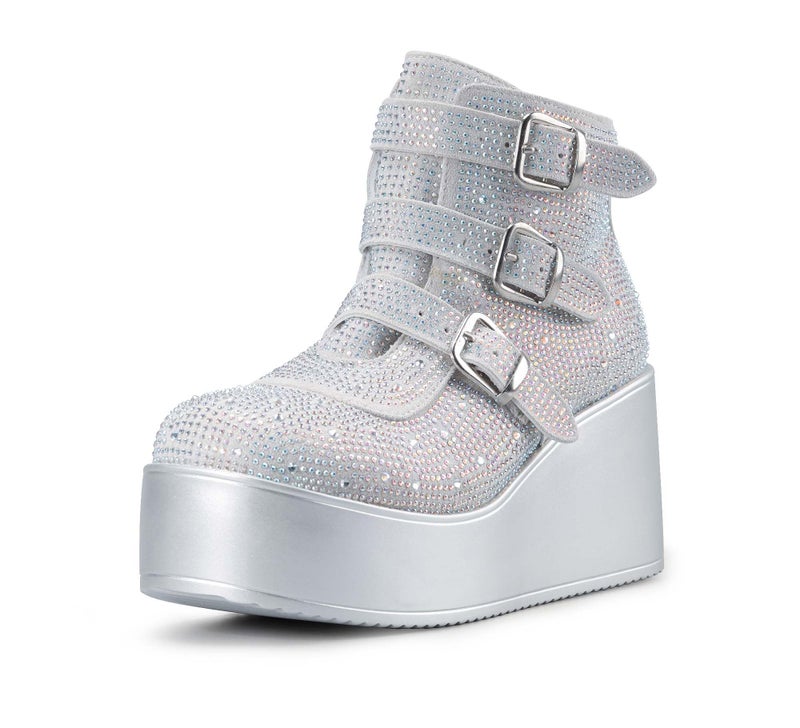 LUCKY STEP Women Platform Chunky Ankle Boots - Round Toe Zipper Wedges High Heels Rave Buckle Thick Sole Goth Booties (Silver Rhinestone,7 B(M) US) - Image 1