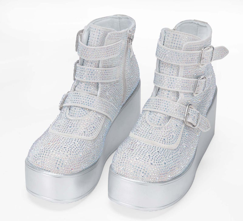 LUCKY STEP Women Platform Chunky Ankle Boots - Round Toe Zipper Wedges High Heels Rave Buckle Thick Sole Goth Booties (Silver Rhinestone,7 B(M) US) - Image 3